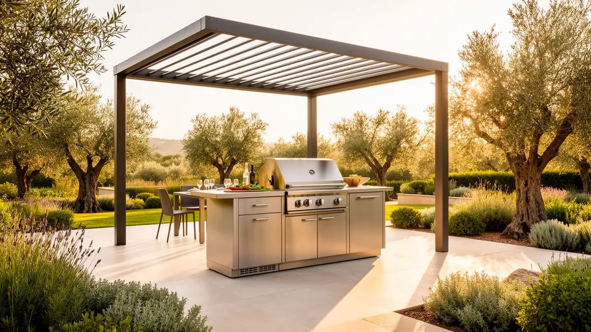 Abri cuisine extérieure inox 304 avec pergola bioclimatique sur terrasse ensoleillée