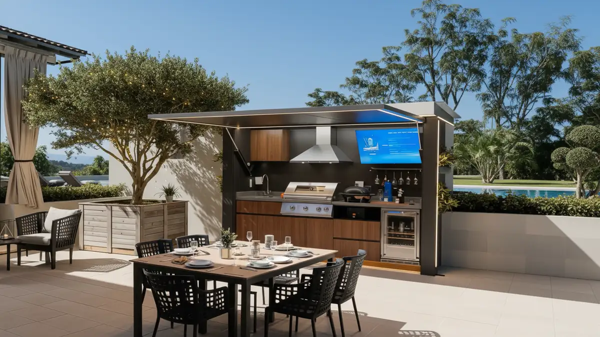 Abri plancha couvert et Pod cuisine extérieure BarbecueZone en inox 304 sur une terrasse ensoleillée — plancha protégée toute l'année