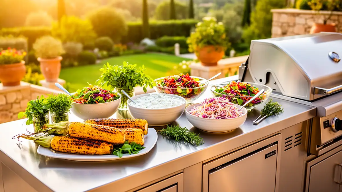 Table dressée avec accompagnements colorés autour d'une cuisine extérieure en inox sur terrasse ensoleillée