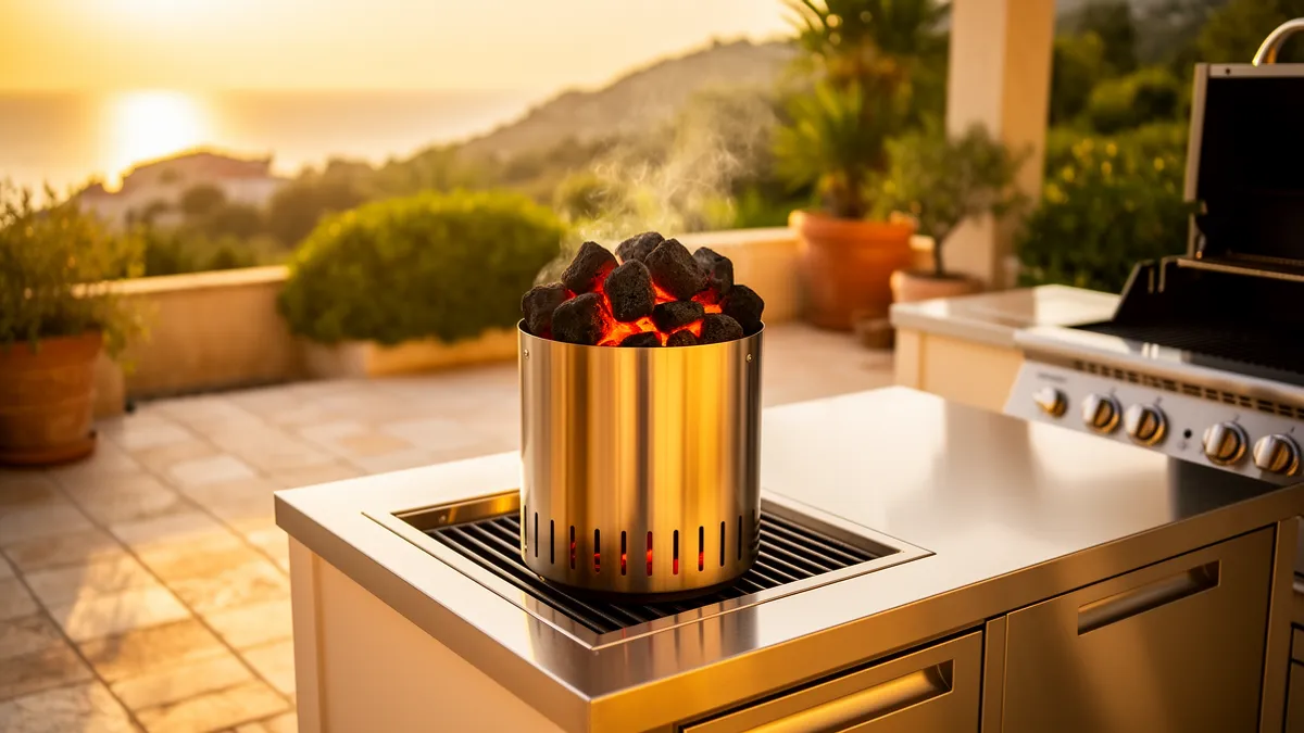 Allumage d'un barbecue au charbon sur terrasse ensoleillée — technique cheminée BarbecueZone