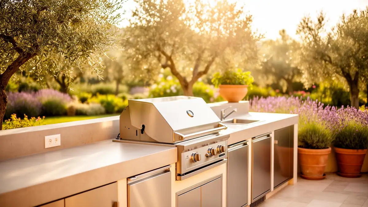 Barbecue encastrable intégré dans une cuisine extérieure en inox sur terrasse ensoleillée