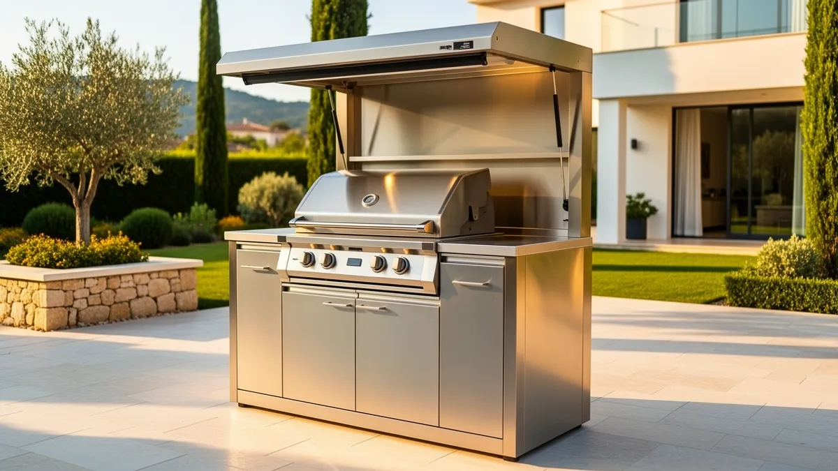 Barbecue fixe extérieur BarbecueZone — Pod inox 304 avec cuisine intégrée et fermeture motorisée