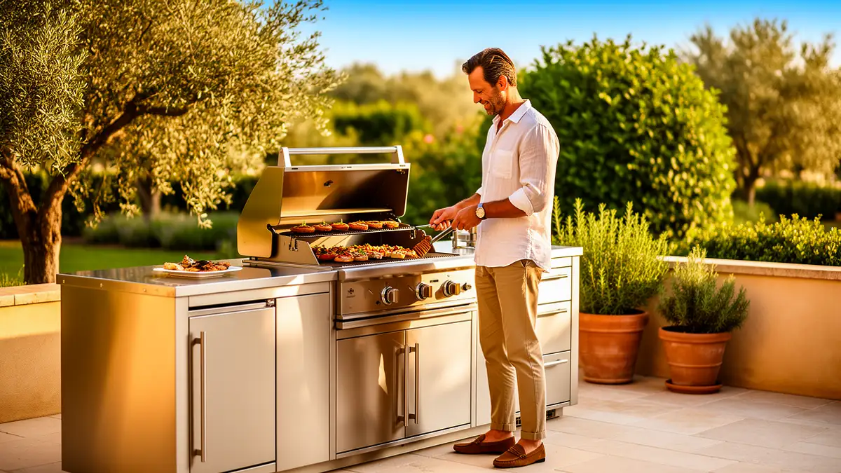 Pod BarbecueZone — barbecue gaz en inox 304 intégré dans une cuisine extérieure couverte sur terrasse ensoleillée