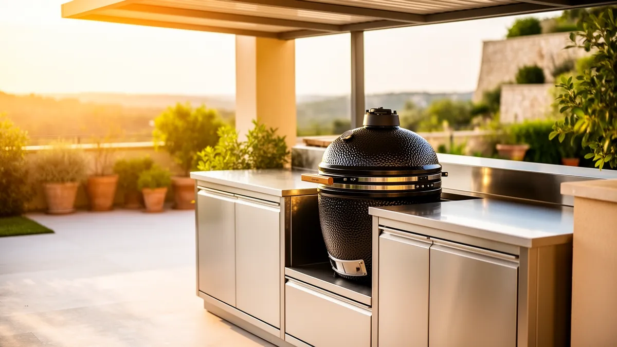 Barbecue kamado japonais en céramique intégré dans une cuisine extérieure Pod BarbecueZone sur une terrasse ensoleillée