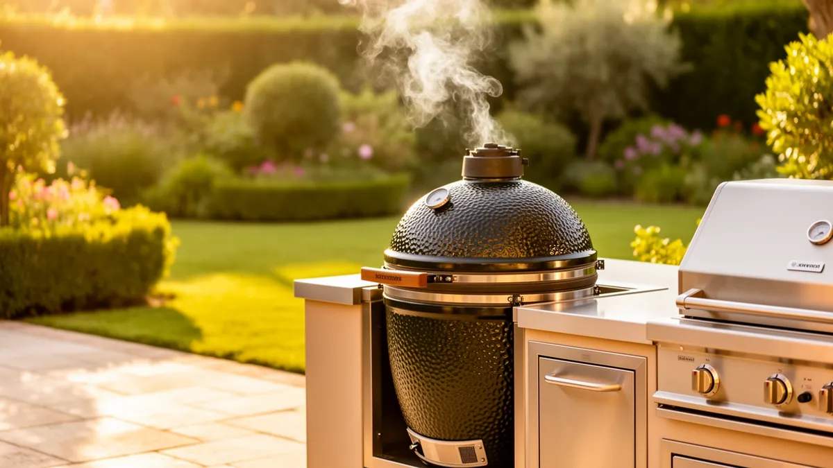 Barbecue kamado en céramique sur une terrasse ensoleillée avec grillades en cuisson