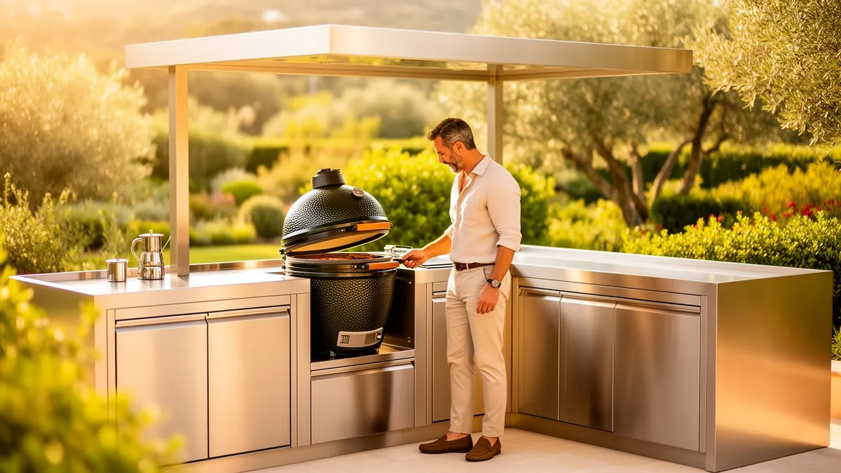 Barbecue kamado XXL grand format sur la terrasse ensoleillée d'une cuisine extérieure inox 304 BarbecueZone, prêt à recevoir de nombreux convives