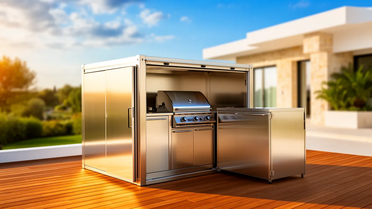 Box cuisine extérieure BarbecueZone — module inox 304 fermé sur une terrasse de villa ensoleillée