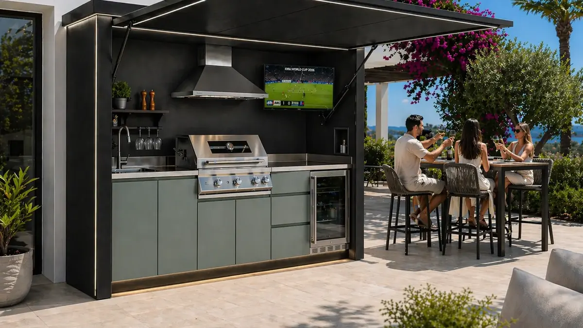 Cuisine extérieure inox 304 BarbecueZone — Pod couvert et intégré sur une terrasse ensoleillée, alternative au brasero ouvert