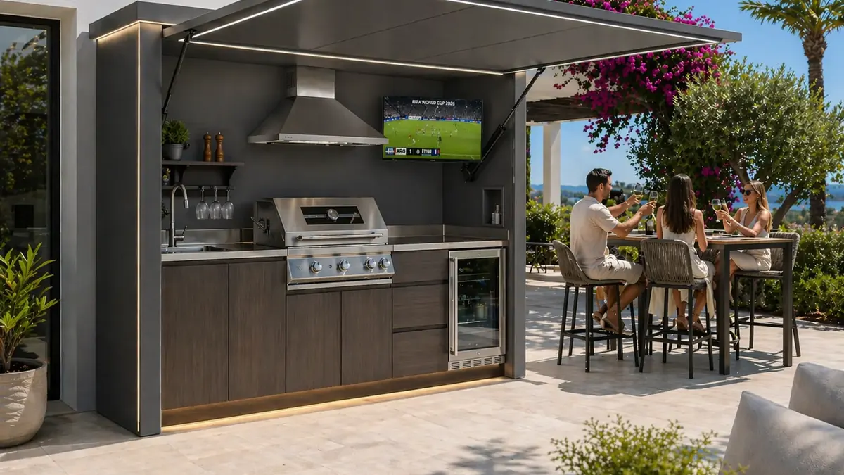 Cuisine extérieure inox 304 BarbecueZone — Pod couvert et intégré sur une terrasse ensoleillée, alternative au brasero plancha ouvert