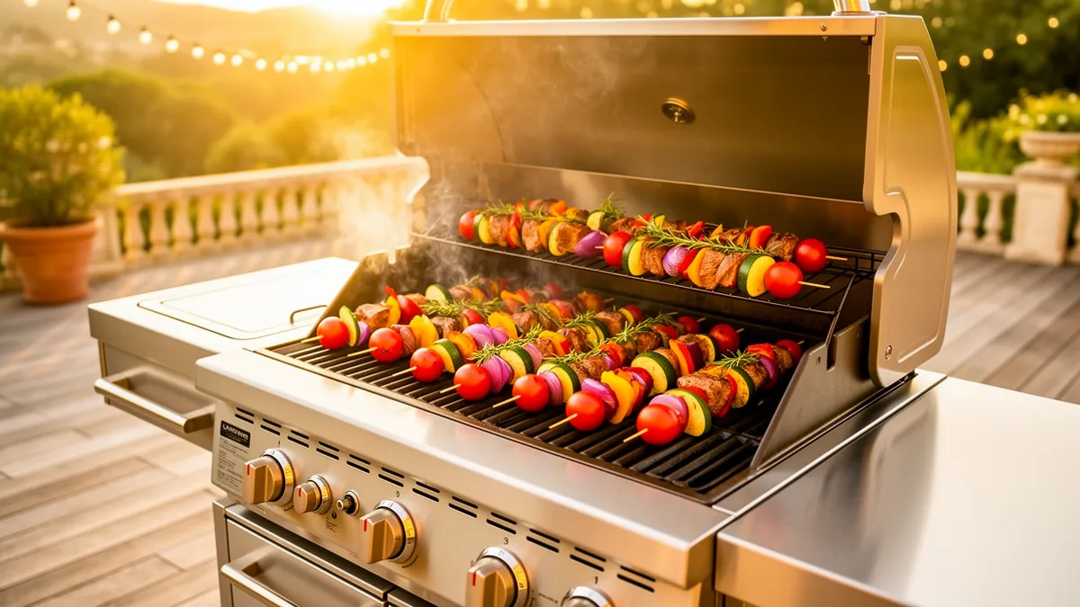 Brochettes colorées de viande et légumes en cuisson sur barbecue inox