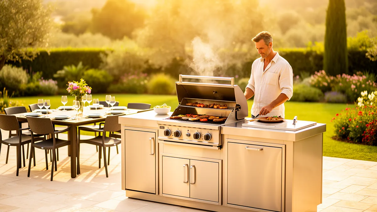 Cabanon cuisine d'été BarbecueZone — comparatif bois vs Pod inox 304 sur terrasse ensoleillée