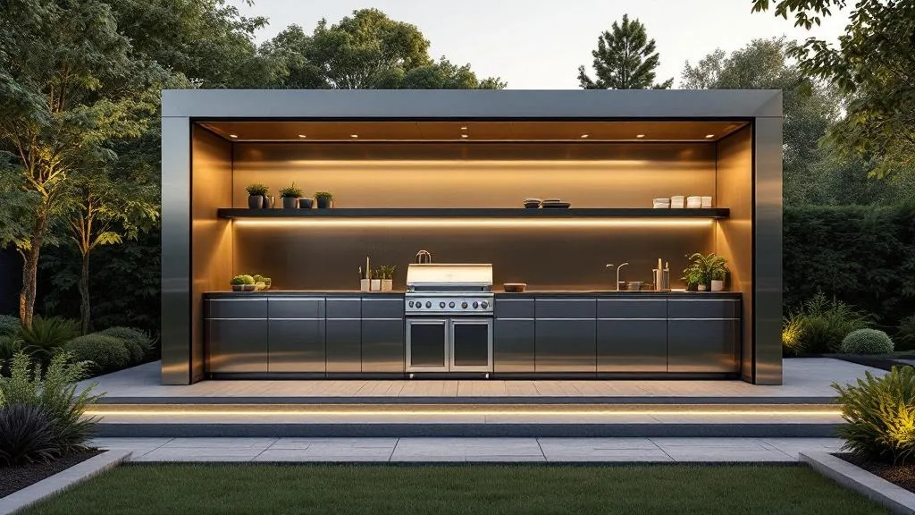 Coin barbecue couvert BarbecueZone — Pod inox 304 installé sur terrasse avec espace cuisine extérieure protégé