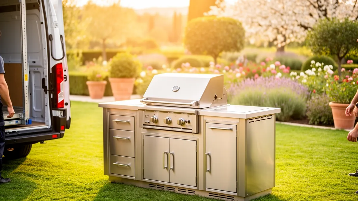 Cuisine extérieure en inox en cours de livraison dans un jardin fleuri au printemps