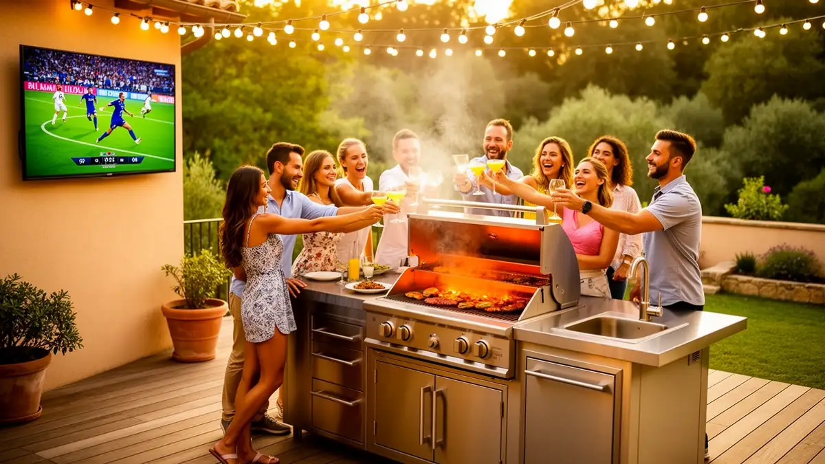 Terrasse aménagée avec cuisine extérieure en inox, grand écran TV et groupe d'amis regardant un match de football en soirée