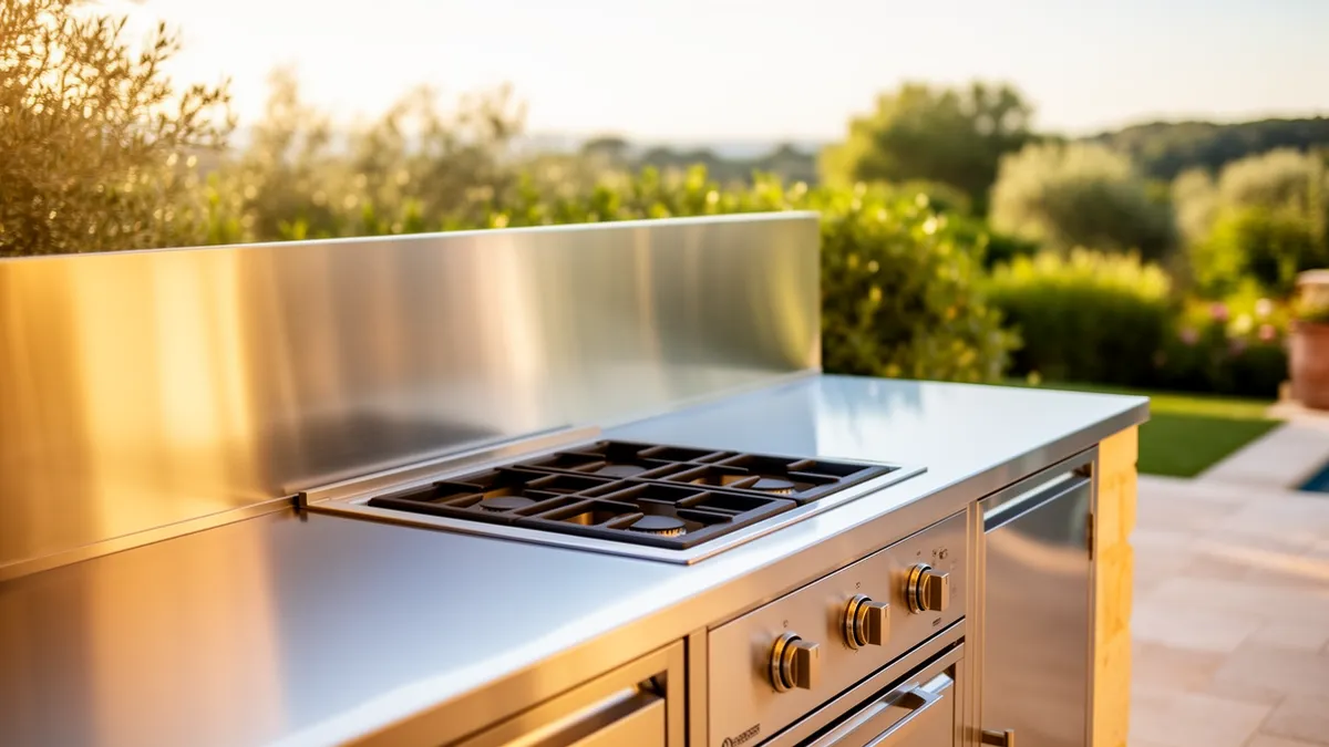 Crédence de cuisine extérieure en inox 304 — Pod BarbecueZone sur terrasse ensoleillée