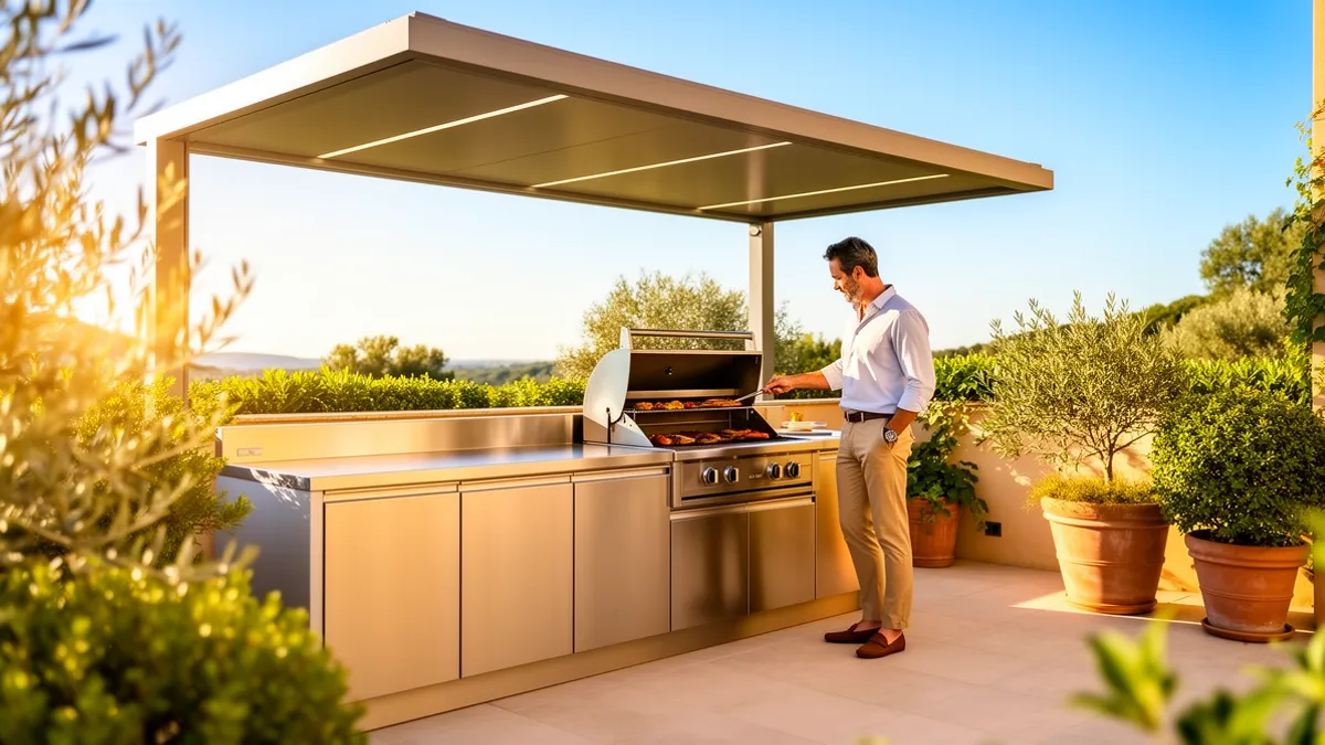 Cuisine d'été extérieure couverte en inox 304 BarbecueZone — Pod clé en main sur une terrasse ensoleillée, alternative aux kits de cuisine d'été à monter soi-même