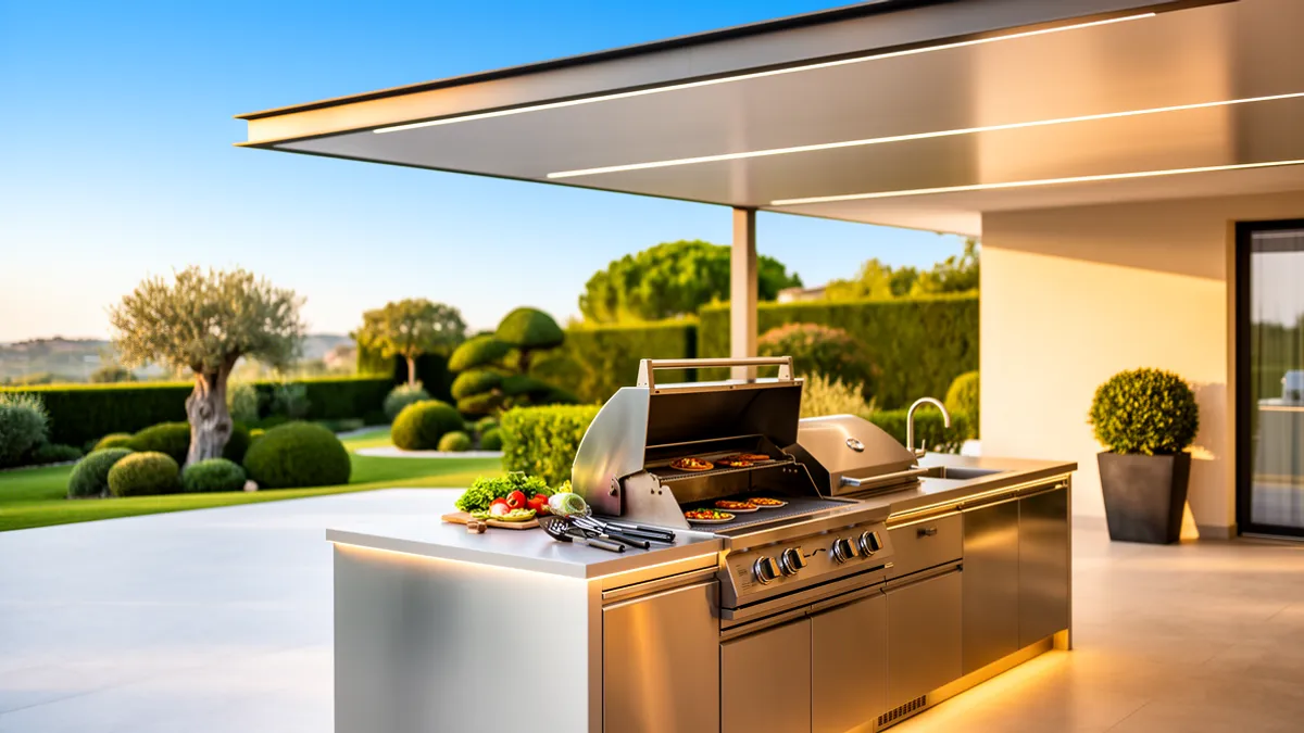 Cuisine d'été couverte moderne en inox 304 BarbecueZone — Pod design épuré à la couverture intégrée sur une terrasse ensoleillée
