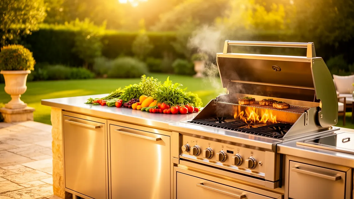 Pod BarbecueZone — cuisine d'extérieur 100 % inox 304 sur terrasse ensoleillée avec barbecue gaz intégré