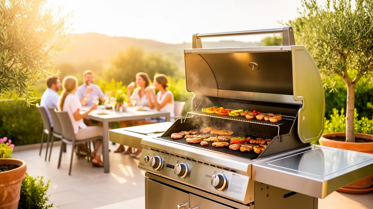 Cuisine d'été avec barbecue BarbecueZone — terrasse ensoleillée avec Pod inox 304 et barbecue gaz intégré