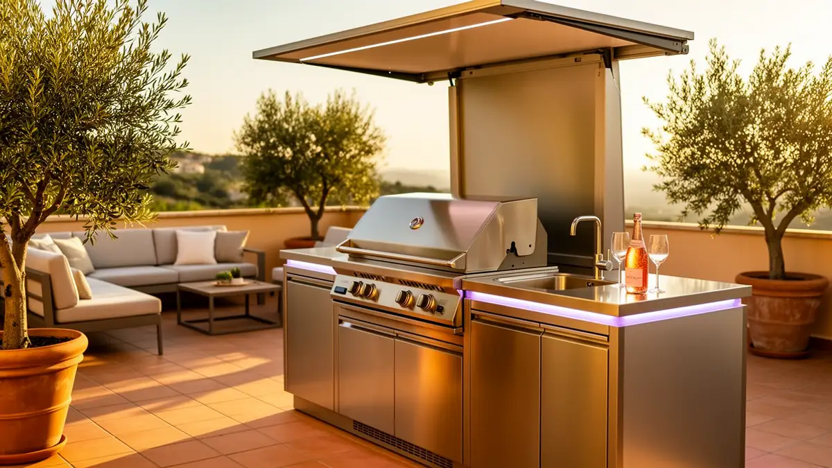 Cuisine d'été design BarbecueZone — Pod inox 304 sur terrasse contemporaine avec éclairage d'ambiance
