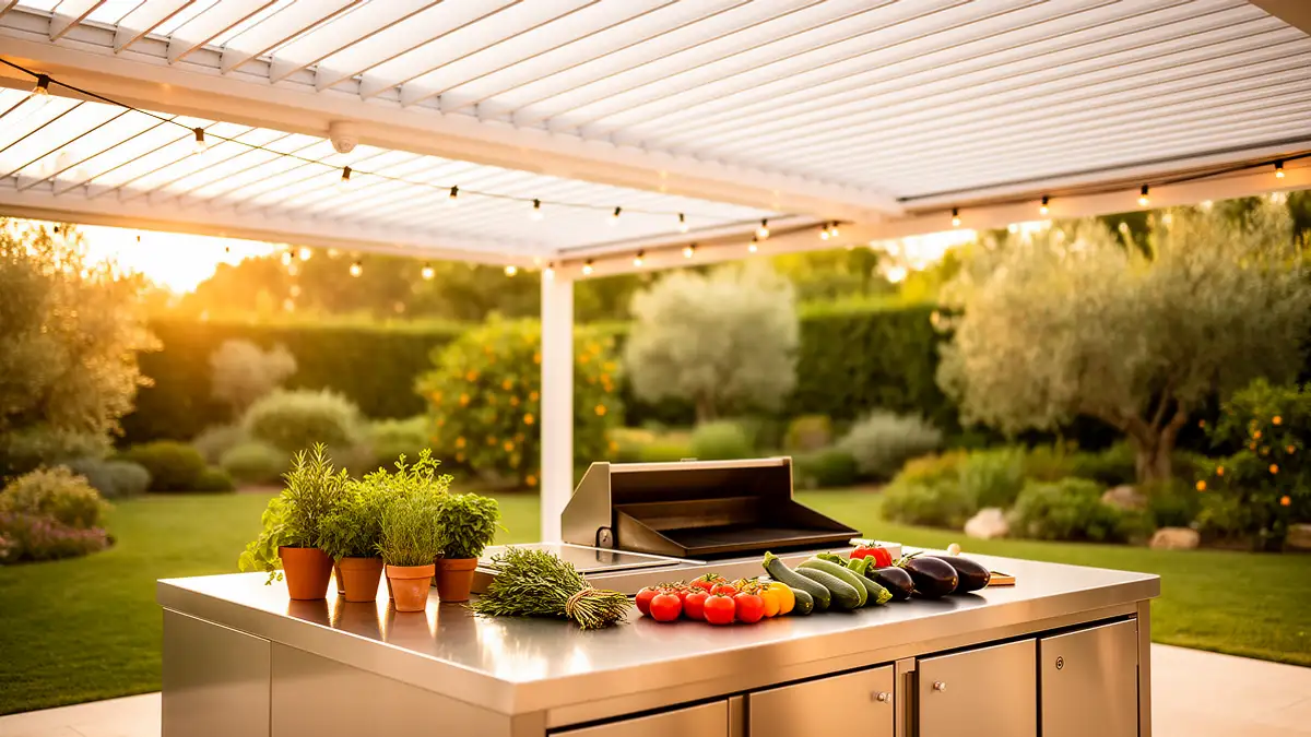 Cuisine d ete exterieure couverte sous pergola bioclimatique