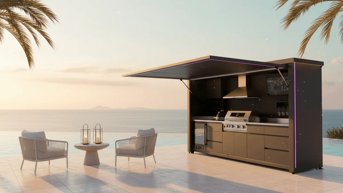 Pod Signature BarbecueZone cuisine extérieure fermée couleur champagne au coucher de soleil sur terrasse avec piscine à débordement et palmiers