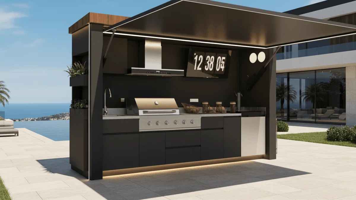 Pod BarbecueZone cuisine extérieure outdoor kitchen design premium avec toit intégré, vue de nuit près d'une piscine à débordement et villa moderne
