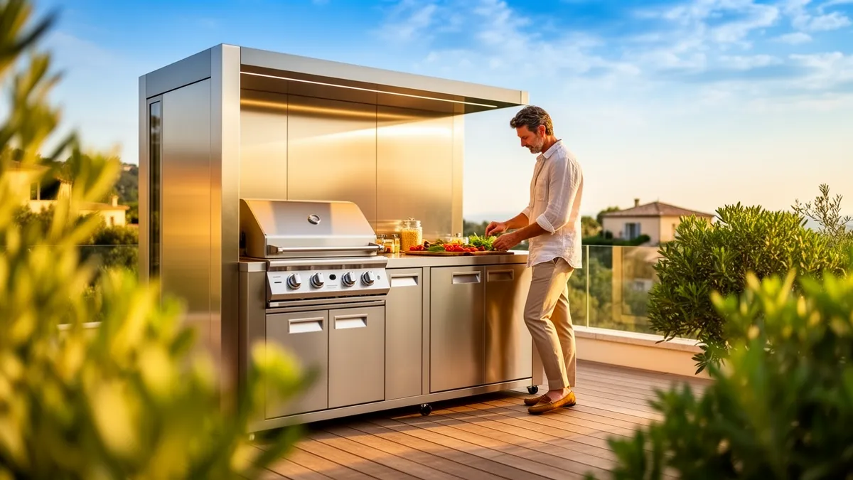 Pod Riviera BarbecueZone — cuisine extérieure inox 304 sur terrasse ensoleillée, alternative à l'aluminium