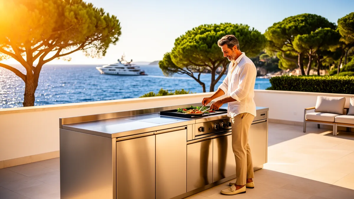 Pod Riviera Design BarbecueZone — cuisine extérieure couverte 100 % inox 304 sur la terrasse d'une villa au Cap d'Antibes face à la Méditerranée