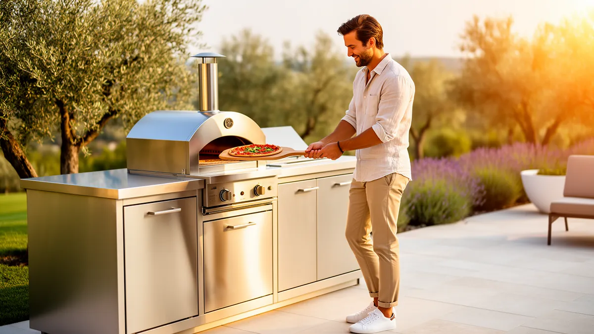Cuisine extérieure couverte inox 304 BarbecueZone — Pod avec four à pizza posé sur le plan de travail, sur une terrasse ensoleillée