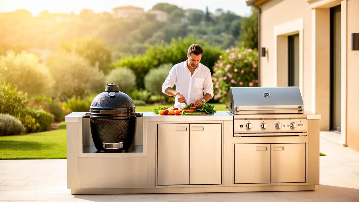 Pod Signature BarbecueZone — cuisine extérieure couverte inox 304 avec kamado intégré et plan de travail sur une terrasse ensoleillée