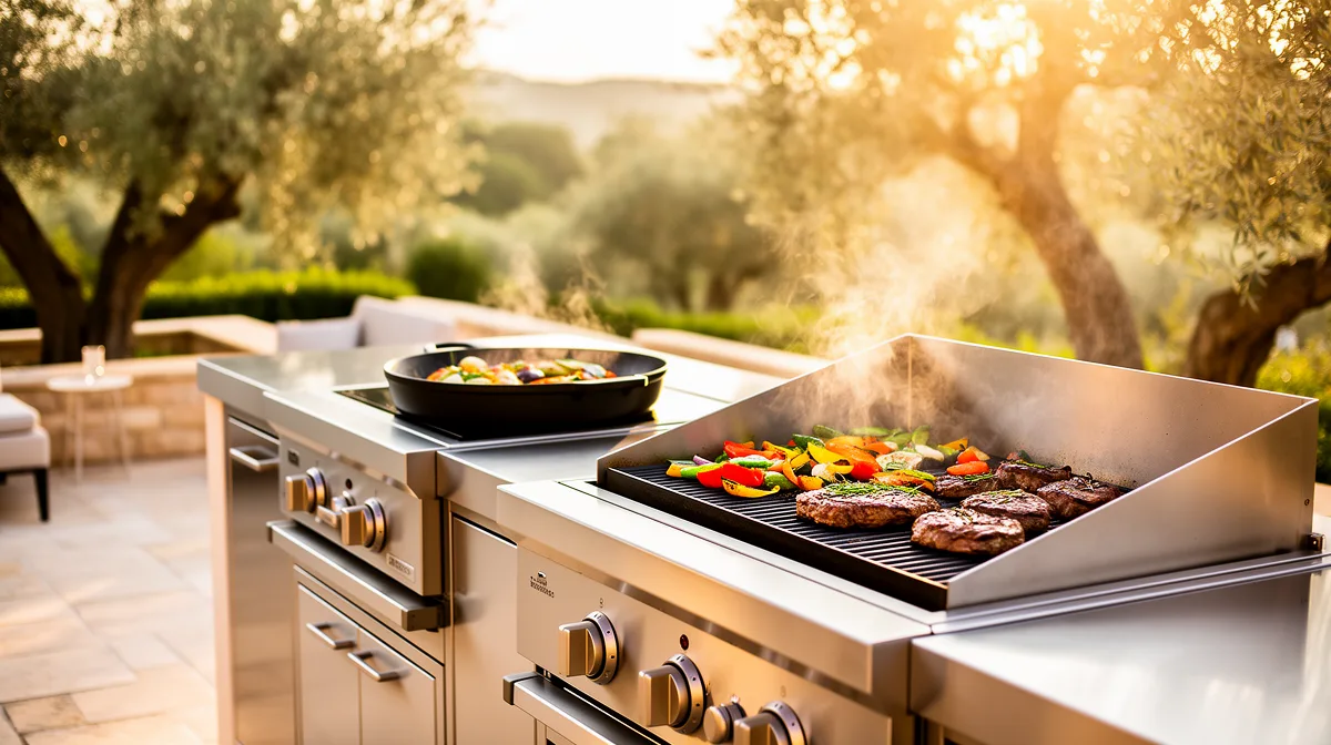 Cuisine extérieure avec plancha BarbecueZone — Pod inox 304 avec plancha intégrée sur terrasse ensoleillée