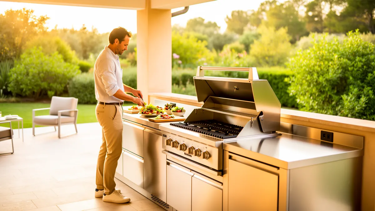 Cuisine extérieure BarbecueZone en 100 % inox 304 — Pod couvert et intégré sur une terrasse ensoleillée, alternative aux kits de cuisine extérieure modulaires de magasin de bricolage