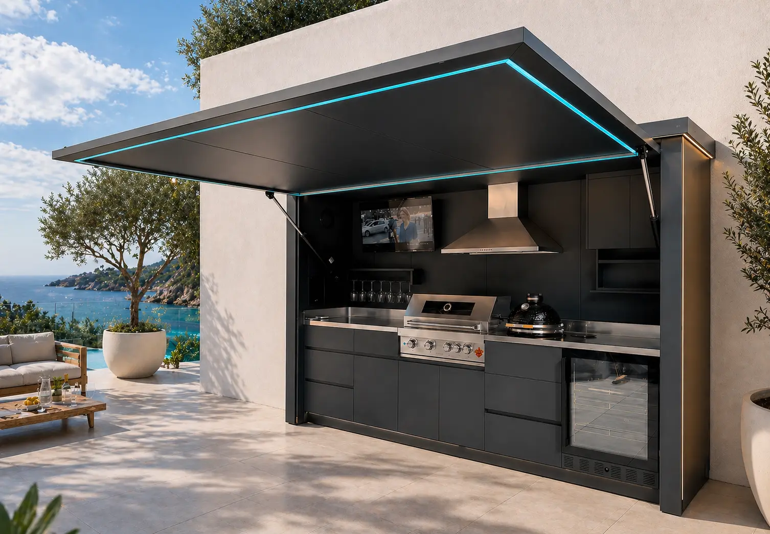 Pod Signature Design BarbecueZone à l'heure dorée — cuisine extérieure clé en main 100 % inox 304 sur terrasse premium méditerranéenne
