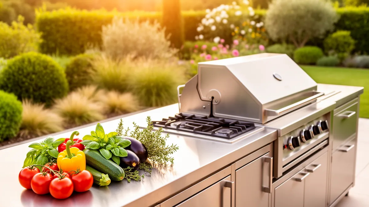 Cuisine extérieure complète Pod BarbecueZone — terrasse moderne avec plancha, évier et plan de travail inox 304