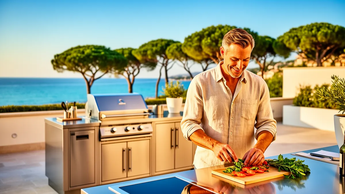 Pod Riviera Design BarbecueZone en inox 304 sur la terrasse d'une villa face à la Méditerranée sur la Côte d'Azur