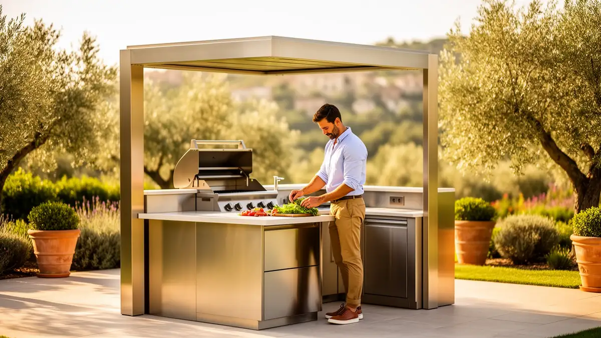 Cuisine extérieure BarbecueZone en inox 304 — Pod couvert et intégré sur une terrasse ensoleillée, alternative aux modules de plancha à assembler