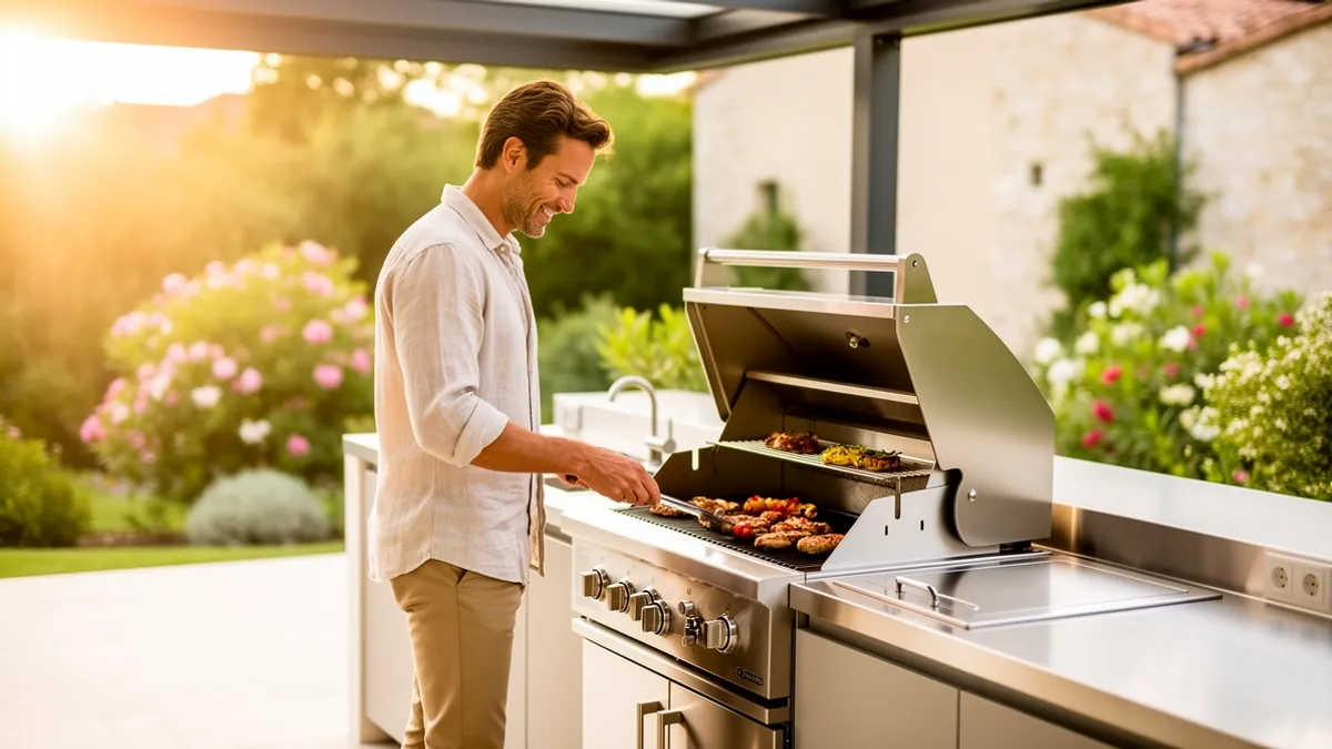 Cuisine extérieure BarbecueZone en inox 304 — Pod couvert et intégré sur une terrasse ensoleillée, alternative aux cuisines à modules