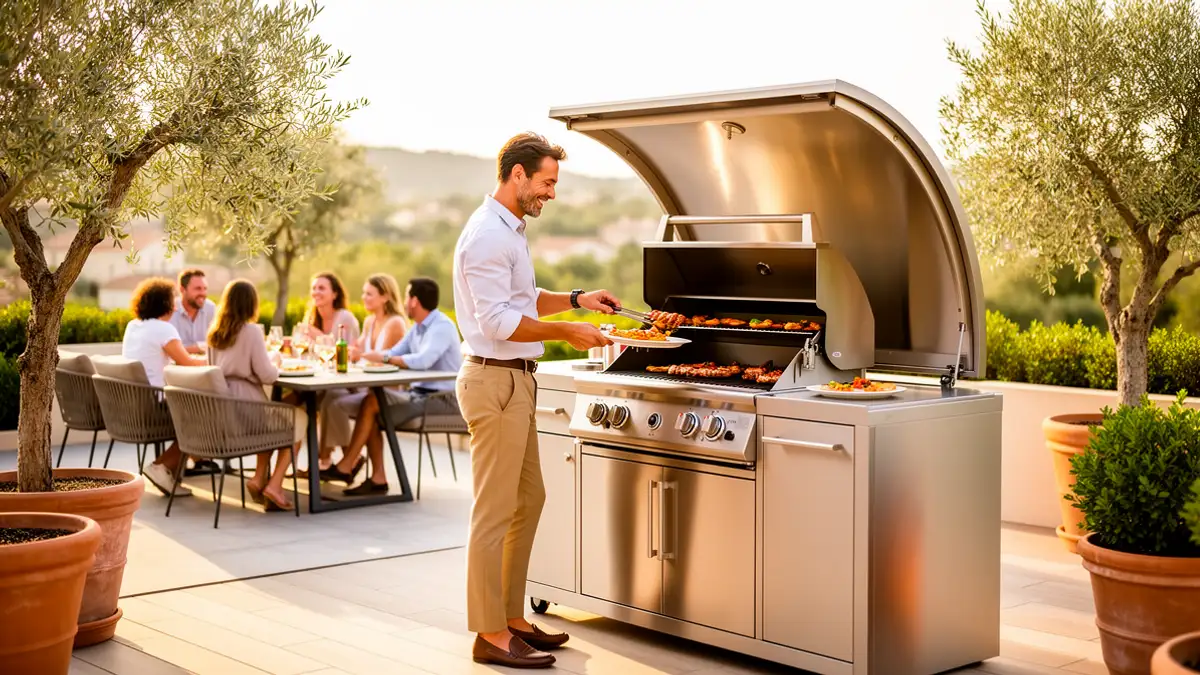 Cuisine extérieure BarbecueZone en inox 304 — Pod couvert et intégré sur une terrasse ensoleillée, alternative aux planchas et braseros modulaires