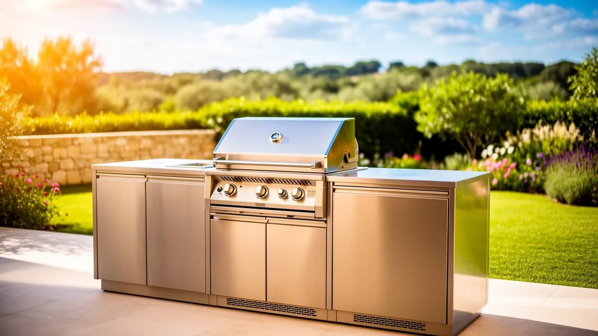 Cuisine extérieure modulaire Pod BarbecueZone en inox 304 sur terrasse contemporaine ensoleillée