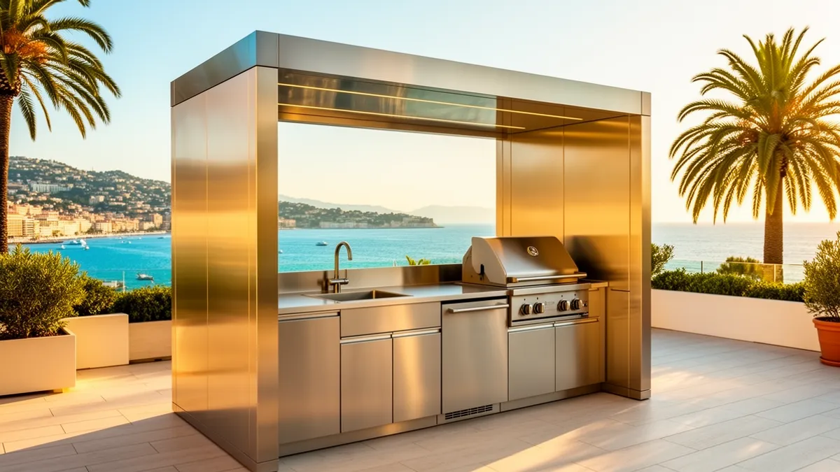 Pod Riviera Design BarbecueZone — cuisine extérieure couverte 100 % inox 304 sur la terrasse d'une villa à Nice dominant la Baie des Anges