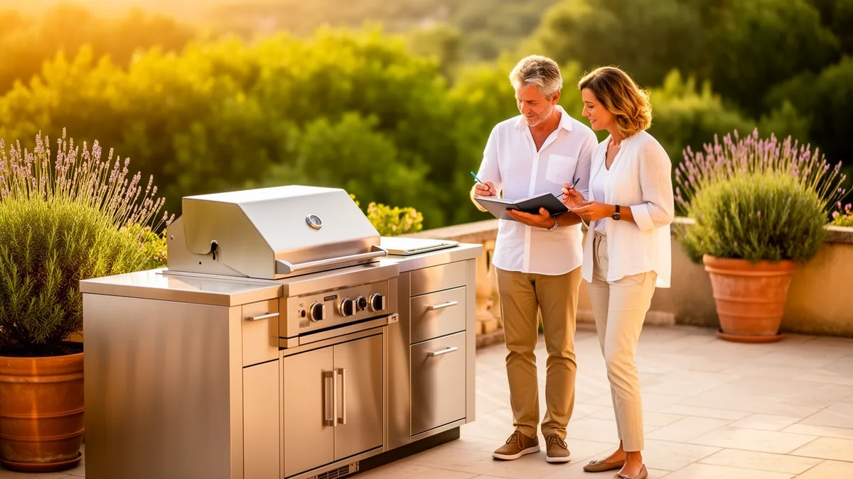 Pod Compact BarbecueZone — cuisine extérieure complète sur terrasse avec barbecue gaz et plan de travail inox 304