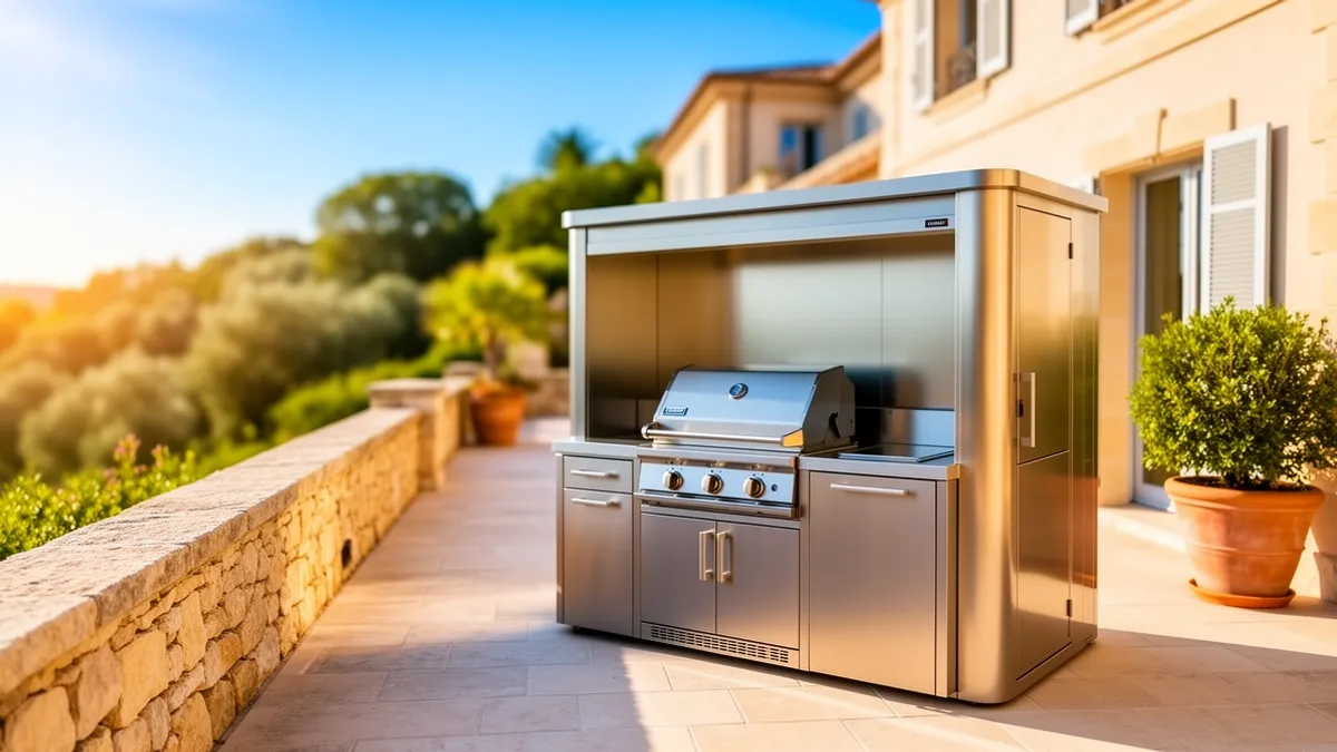 Pod Signature Design BarbecueZone — cuisine extérieure inox 304 sur terrasse en pierre, alternative sans travaux à une cuisine d'été maçonnée en pierre