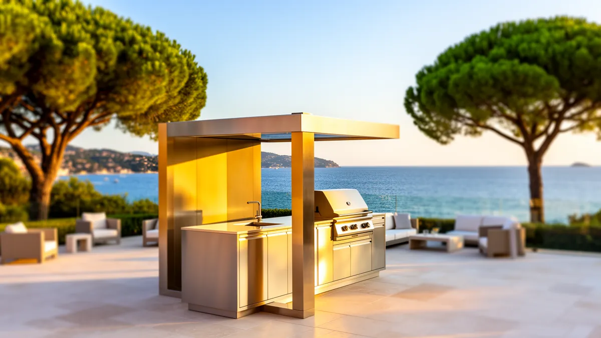 Pod Signature Design BarbecueZone — cuisine extérieure couverte 100 % inox 304 sur la terrasse d'une villa du Golfe de Saint-Tropez, pins parasols et mer en arrière-plan