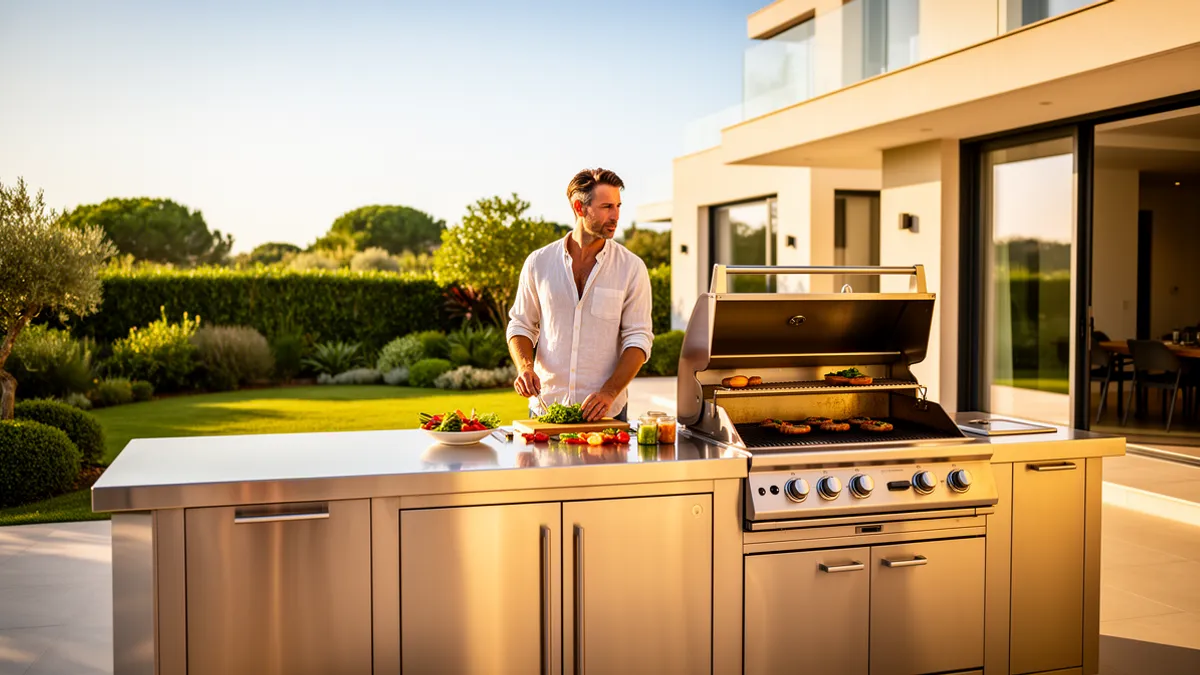 Cuisine extérieure sur mesure BarbecueZone en 100 % inox 304 — Pod couvert et intégré sur une terrasse ensoleillée