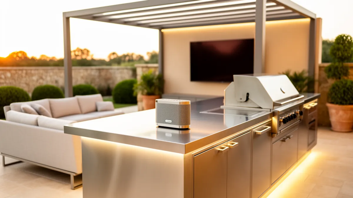 Cuisine extérieure en inox avec TV murale et enceintes Bluetooth sur terrasse en bois, ambiance soirée estivale