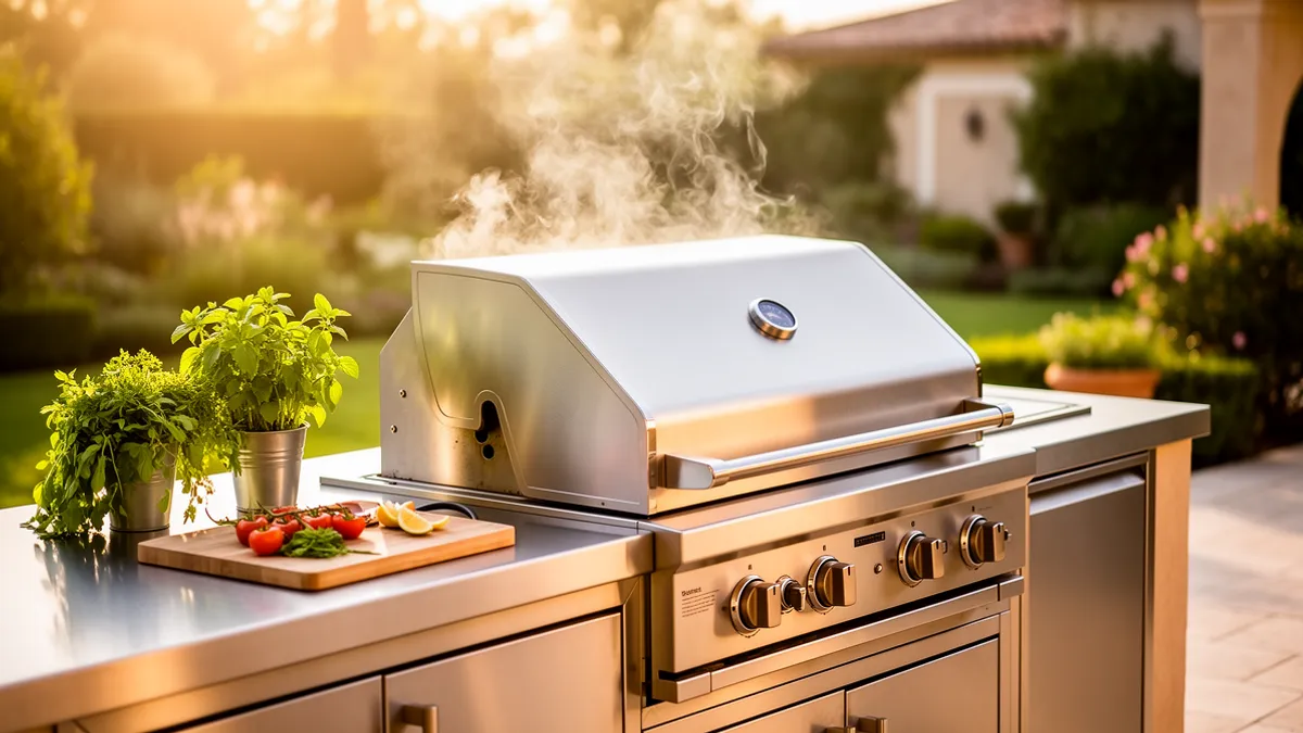 Cuisson indirecte sur barbecue avec couvercle fermé sur une terrasse ensoleillée avec cuisine extérieure en inox