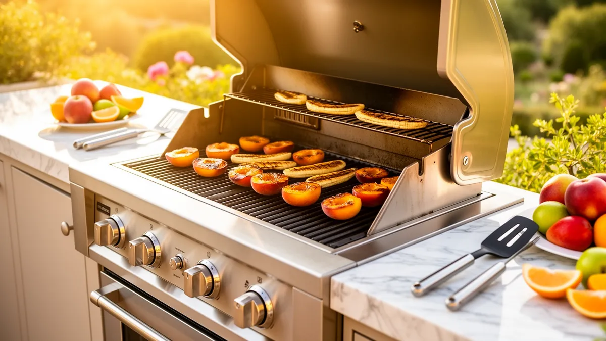 Desserts grillés au barbecue sur une terrasse ensoleillée avec fruits caramélisés