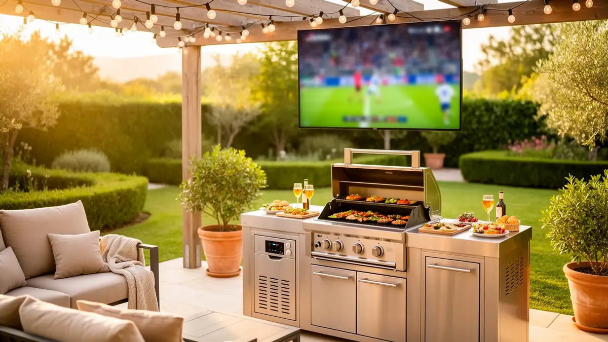 Fan zone maison avec cuisine exterieure et ecran geant CDM 2026