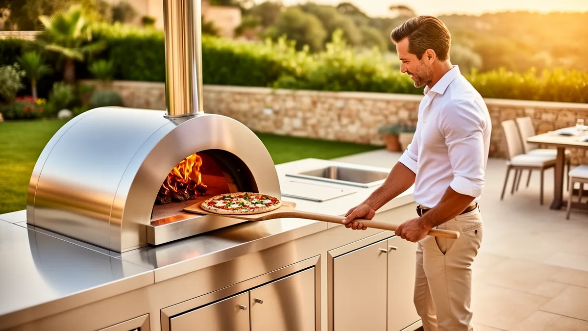 Four à pizza bois sur une terrasse ensoleillée intégré à une cuisine extérieure inox 304 BarbecueZone